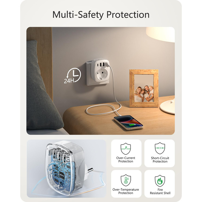 Розетка з декількома вилками EU адаптер 5-в-1 розетка розетка адаптер з 3 портами USB зарядного пристрою 2.4А, 1 портом Type-C 3А,