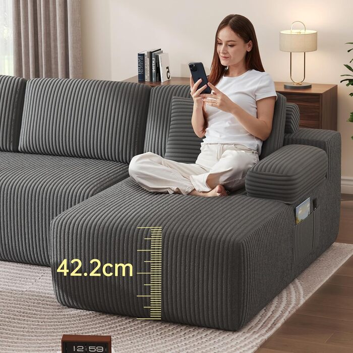 Секційні дивани DURASPACE Cloud для вітальні, модульний U-подібний диван з глибоким сидінням, диван-ліжко з вельвету з піною з ефектом пам&39яті, не потребує складання (сірий) Темно-сірий