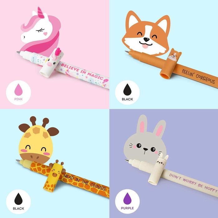 Набір з 10 гелевих ручок LEGAMI, що стираються динозавр, акула, жираф, коргі, кролик, панда, єдиноріг, пінгвін, тигр та метелик