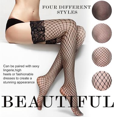 Сет з 4 пар панчох SNDE, мереживні, високі до стегна, універсальний розмір