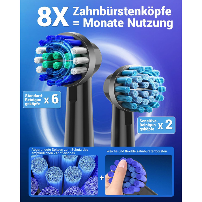 Обертова електрична зубна щітка для дорослих і дітей з 8 насадками, електрична зубна щітка з настінним тримачем та зарядною станцією, 5 режимів чищення та дорожній футляр, 60 днів роботи від акумулятора (Чорний)