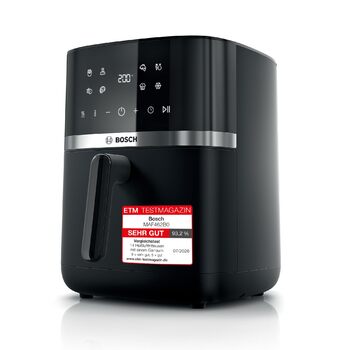 Аерофритюрниця Bosch Serie 4 XL, чорна, об'єм 6,1 л, 7 попередніх налаштувань, функції розморожування та підігріву, сенсорний екран, прискорене приготування до 60, MAF462B0
