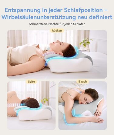 Подушка з піни з ефектом пам&39яті, ортопедична подушка для шиї 2 в 1, ергономічна подушка для підтримки шиї, регульована по висоті подушка для сну на боці, спині та животі, 60x41,5x10/12 см, білого та сірого кольорів