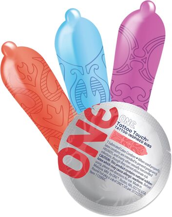 Презервативи ONE Tattoo Touch, текстуровані з унікальними малюнками, натхненними татуюваннями, веганські, без ГМО, з натурального каучукового латексу, 12 шт.