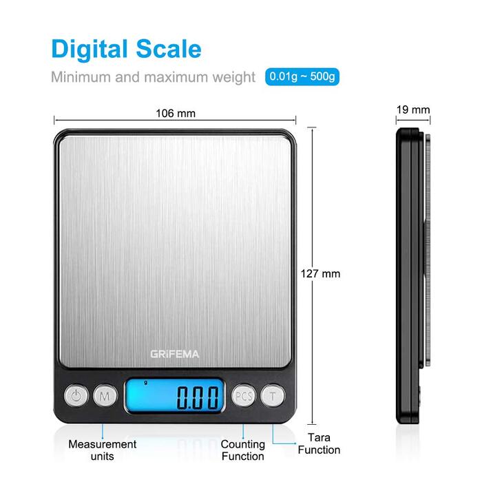 Кухонні ваги GRIFEMA цифрові професійні (висока точність 0,01г-500г) - тонкі ваги з РК-дисплеєм та 2 батарейками, автоматичне збер