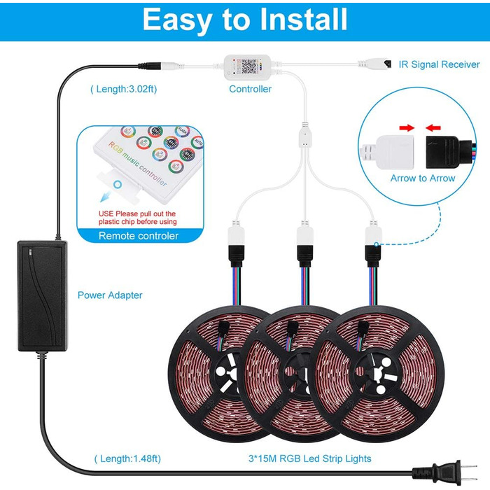 Світлодіодні стрічки Elitlife Bluetooth, 15 м (3x5 м) 49,2 футів водонепроникні IP65 RGB SMD5050 світлодіодні стрічки з розумним контролером Bluetooth 40 клавіш дистанційного керування для дому, саду, декору Світлодіодна стрічка Bluetooth 15 м