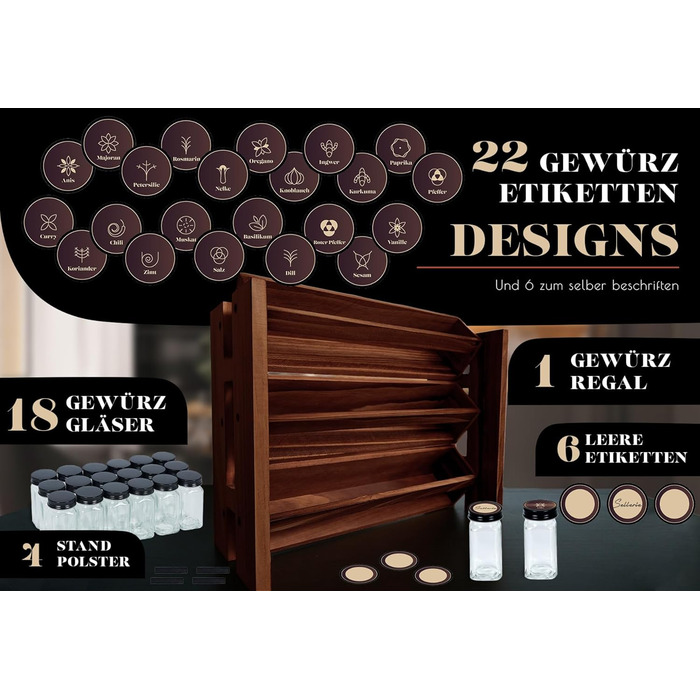 Елегантна підставка для спецій з темного дерева, настінна та настінна, 18 баночок для спецій, 25 етикеток, органайзер для спецій, підставка для спецій, кухонна полиця, вінтажна дерев&39яна підставка для спецій - підвісна система підставок для спецій - збе