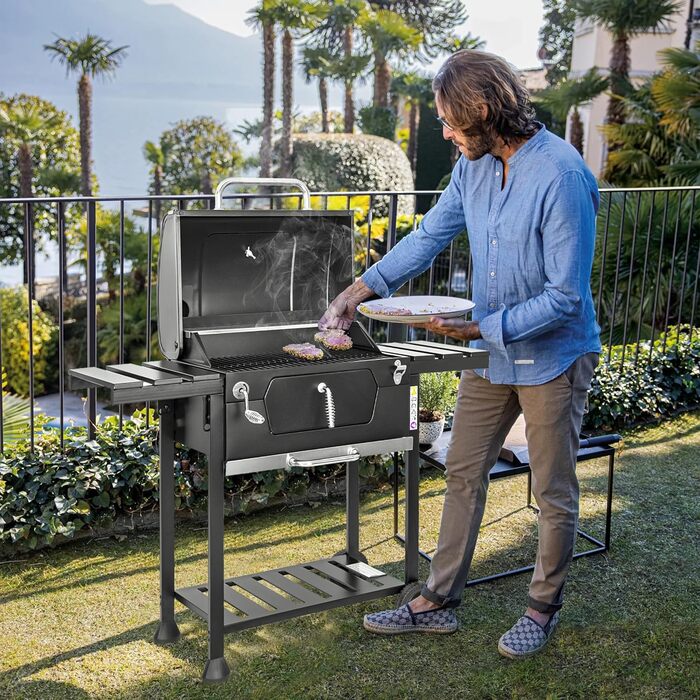 Сталевий вугільний гриль з міцними колесами, подвійним грилем, термометром та регулюванням висоти решітки, вугільний гриль з бічними поличками