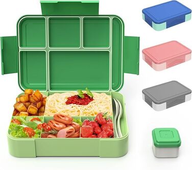 Ланчбокс Kinder Bento з роздільниками 1330 мл, герметичний контейнер для сніданку та перекусу, з 6 відділеннями, для дитячого садка, школи та дорослих, зелений