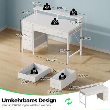 Комп&39ютерний стіл Seventable з розетками та світлодіодним освітленням, ігровий стіл 100 см з 5 шухлядами, ігровий стіл з підставкою для монітора, для офісу, кабінету, спальні, вітальні, білий 100 см