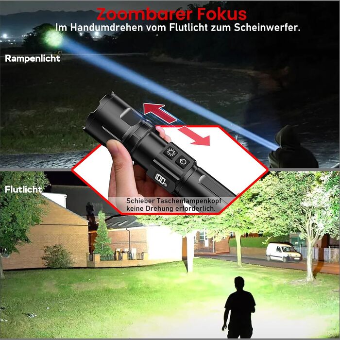 Акумуляторний світлодіодний ліхтарик Shadowhawk (2 шт.) Тактичний ліхтарик (2 перемикачі) 500 000 люменів надзвичайно яскравий, дальність до 1000 м, 12 годин роботи для кемпінгу/природи/походів, регульована яскравість, чорний