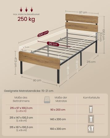 Каркас односпального ліжка VASAGLE, Ліжко, 90 x 200 см, Металевий каркас, Світлодіодне освітлення, Порти USB-A та USB-C, Місце для зберігання під ліжком, Індустріальний стиль, Легке складання, Натуральний коричневий RMB102K01