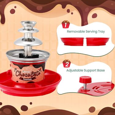 Рівнева міні-машина для шоколадного фонтану Huanyu Huanyu 10 бамбукових шампурів знімний лоток 450 г шоколадного фондю Фонтан для вечірки День народження Весілля Шоколад Сир Начо Соус барбекю Лікери (червоний), 3-