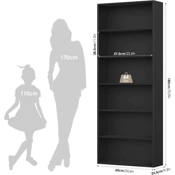 Книжкова полиця FirFurd, дерев&39яна полиця з 6 відділеннями, полиці, книжкова шафа, полиця для зберігання для вітальні, кабінету, виготовлена з дерева, 180 x 60 x 23,5 см, чорна