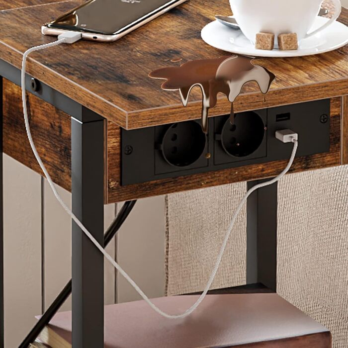 Журнальний столик HOOBRO із зарядною станцією, відкидний С-подібний диван-столик, журнальний столик на колесах та полиця для зберігання, тумбочка для вітальні, спальні, темно-коричневий EBF022SF01G1