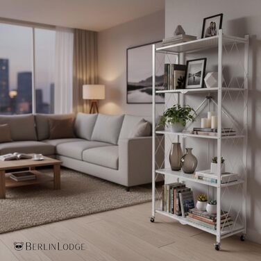 Складана полиця з колесами 5 полиць/відсіків Білий Вантажопідйомність 250 кг ВxШxГ 167x72x34 см Полиця для зберігання, металева полиця, складна полиця, 5 полиць, білий