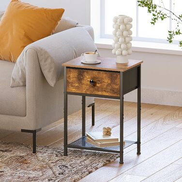 Набір з 2 тумбочек, Бічний столик з тканинними шухлядами, Тумбочка з 2 полицями, Тумбочка для спальні, Вітальні, Індустріальний стиль, 40 x 30 x 55 см Вінтажний коричневий EHET03SDBR