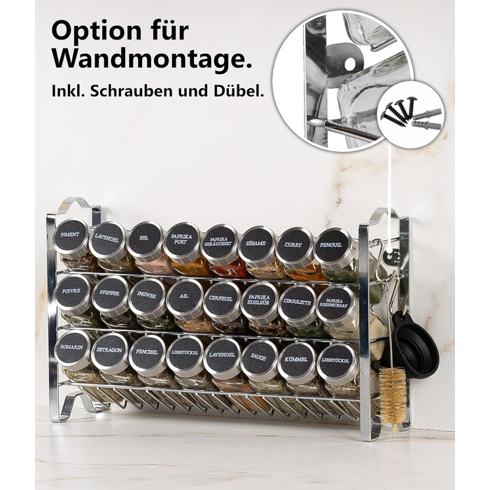 Квадратна підставка для спецій Deco haus з банками для спецій - Банки для спецій з полицею - Настінна підставка для спецій, підставка для спецій з набором з 24 банок для спецій - Металева підставка для спецій, не потребує свердління, хром - Набір з 24 пре
