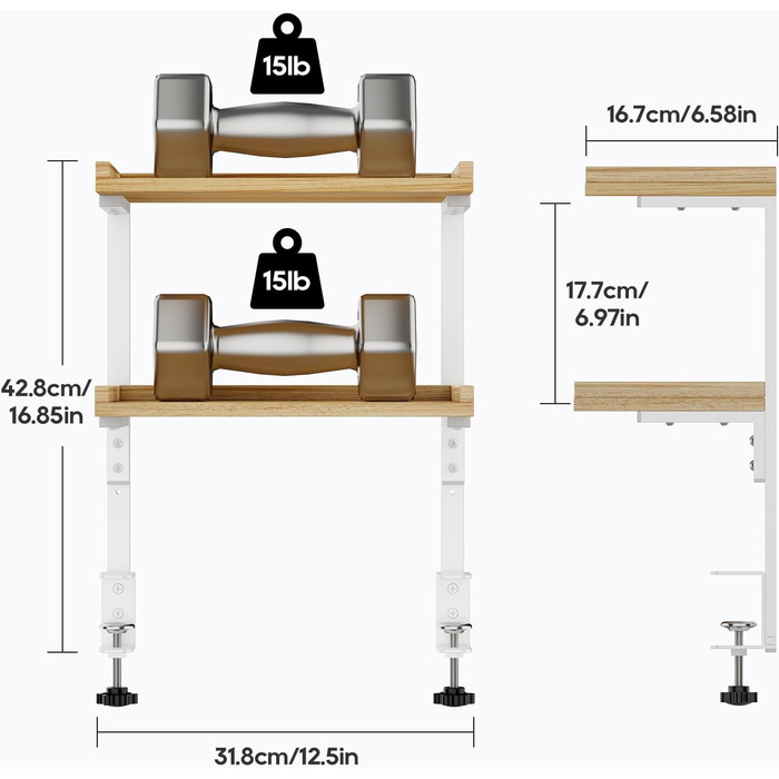 Високоякісна промислова настільна полиця для труб 40 см із 2 ярусами, міцний органайзер для подовження столу, сучасна настільна полиця (біла) з дерева