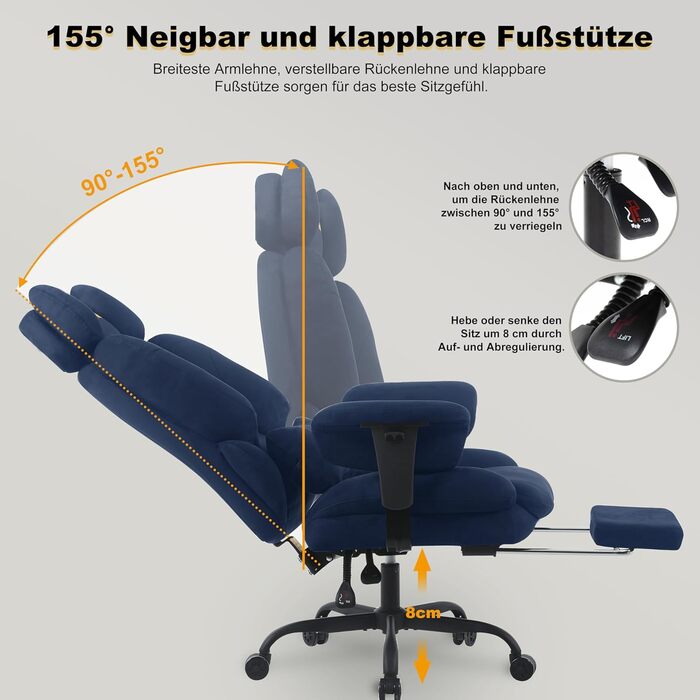 Ігрове крісло Symino, схоже на диван, з огортаючим сидінням, ергономічне офісне крісло керівника, стілець зі штучної замші, комп&39ютерне крісло з регульованою висотою, вантажопідйомність 130 кг, темно-синє