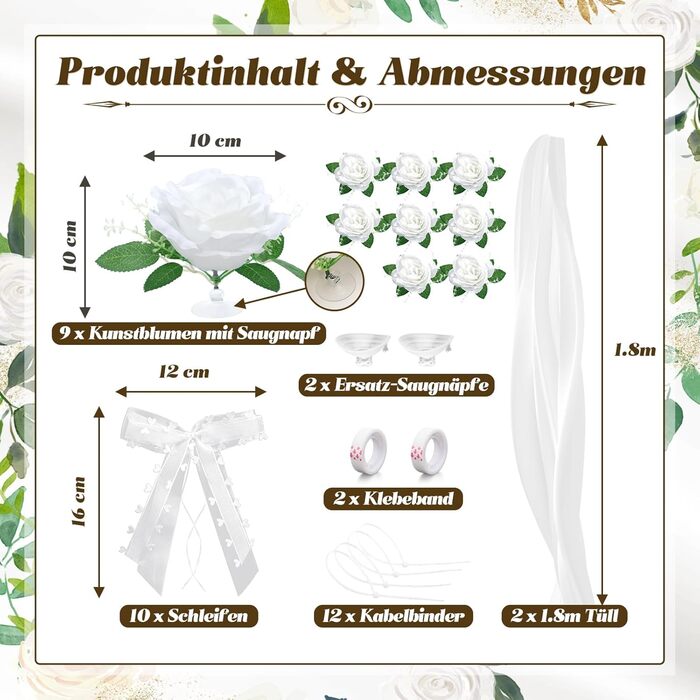 Декор автомобіля для весілля Квітуча Роза стрічки, гірлянди та прикраси на капот для наречених, білий колір