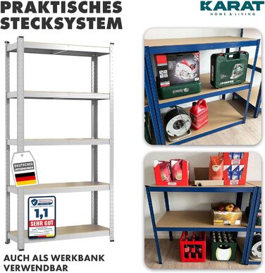 Надміцний стелаж KARAT, 180 x 90 x 60 см, безболтовий стелаж, підвальний стелаж, металевий стелаж - виготовлений зі сталі - 5 регульованих полиць (оцинкованих) 180 x 90 x 60 см сріблястий
