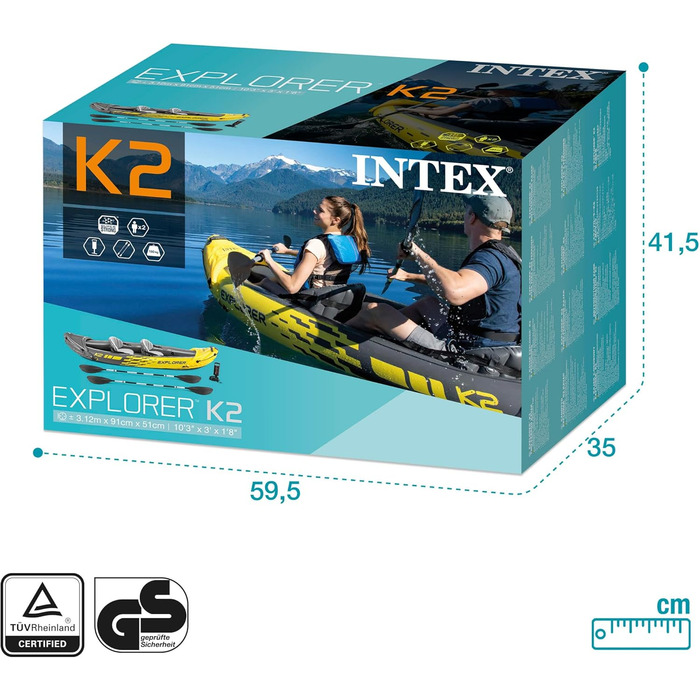 Надувний каяк Intex Explorer K2, комплект для 2 осіб з алюмінієвими веслами та потужним повітряним насосом, 2 особи, одноколірний