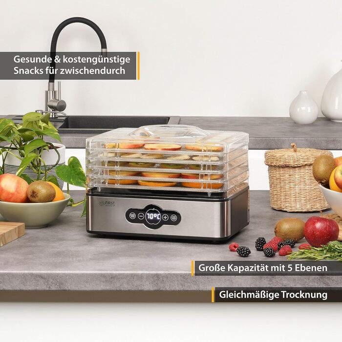 Дегідратор TZS First Austria Дегідратор для фруктів, трав, грибів і м'яса цифровий з таймером і регулятором температури 35-70C 5 полиць, полиці з нержавіючої сталі, дегідратор з таймером Полиці з нержавіючої сталі 5 поверхів