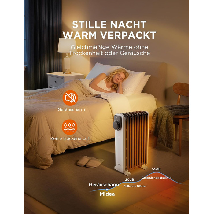 Масляний радіатор Midea, портативний електричний обігрівач потужністю 2000 Вт з 9 ребрами, поворотною ручкою керування та регульованим термостатом, 3 режими нагріву, захист від перекидання та перегріву, надзвичайно тихий для офісу та дому 9 ребер Поворотн