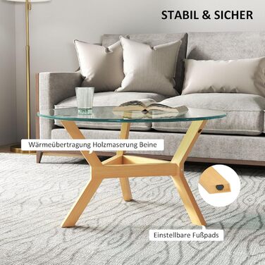 Журнальний столик HOMCOM із загартованого скла, стіл для вітальні з регульованими подушками для ніг та сталевим каркасом, круглий бічний столик для вітальні, прозорий, Ø80 x 45 см