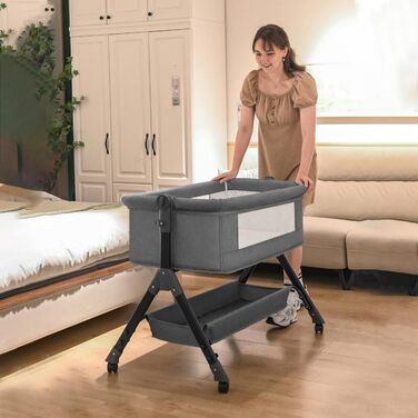 Дитяче ліжечко-тумбочка, дитяче ліжко 3-в-1, регулювання висоти та нахилу матраца, 4 колеса з гальмами, з аксесуарами, сумка, москітна сітка (хакі) X3khaki