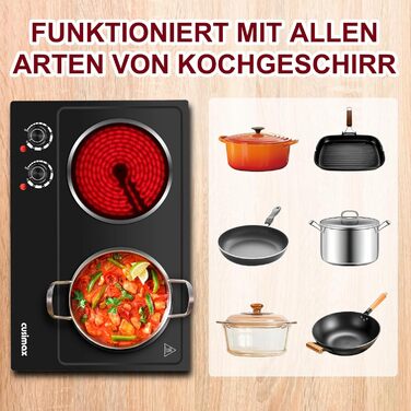 Інфрачервоні конфорки CUSIMAX 2 шт. електричні, склокерамічна варильна поверхня 2 варильні поверхні з термостатом для захисту від перегріву, подвійна конфорка ідеальна для приготування їжі, кемпінгова конфорка нержавіюча сталь чорна склокераміка 50.0 * 33