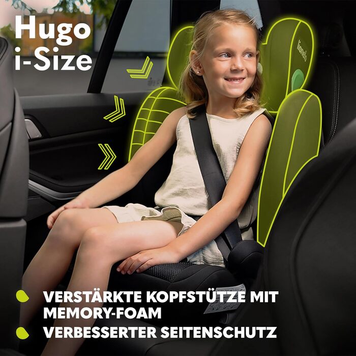 Дитяче автокрісло LIONELO HUGO I-SIZE, група 2 3, від 100-150 см, кріплення ISOFIX, регульований підголівник, піна з пам'яттю, біч