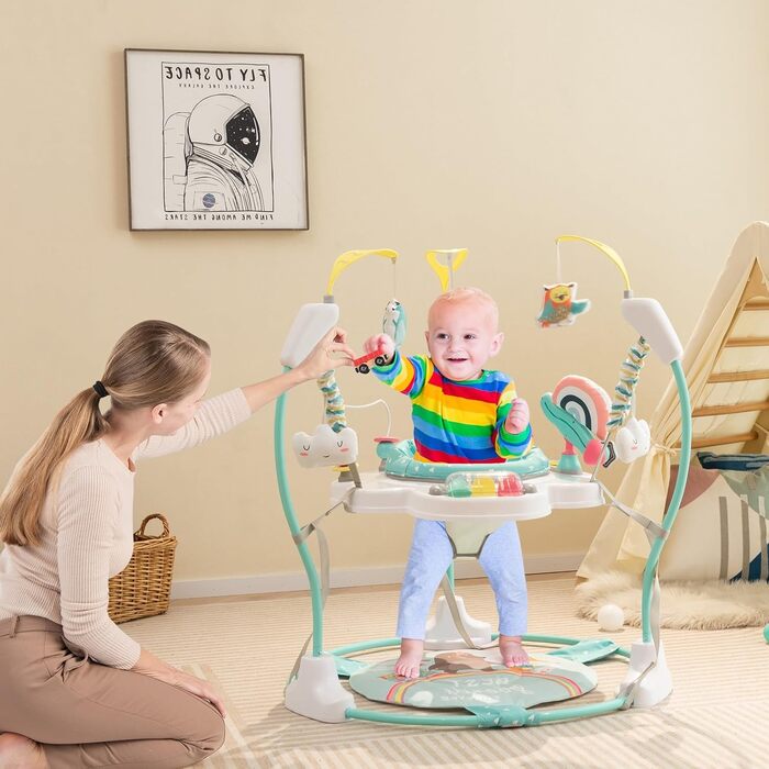 Ходунки для немовлят LIFEZEAL, Jumperoo Baby з сидінням, що обертається на 360, регульовані по висоті ходунки з 9 іграшками, ігровий центр Jungle з підсвічуванням і мелодіями, для немовлят і малюків, синій