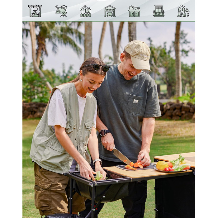 Складана кемпінгова кухня KingCamp з раковиною, бамбукова кемпінгова шафа, складна вулична кухня з місцем для зберігання, вітровим склом та тримачем для лампи, міцна алюмінієва рама, дорожня кухня, кемпінгові меблі для пікніків-барбекю, кемпінгова шафа з 