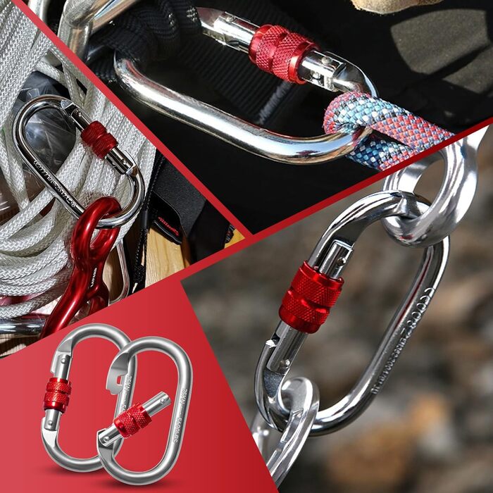 Карабіни-гачки 25KN, O-подібні надміцні запобіжні карабіни, нержавіюча сталь, вантажопідйомність 2500 кг, карабін для скелелазіння, йоги, гамака, кемпінгу, гойдалки, 25KN, 3 шт., срібний червоний