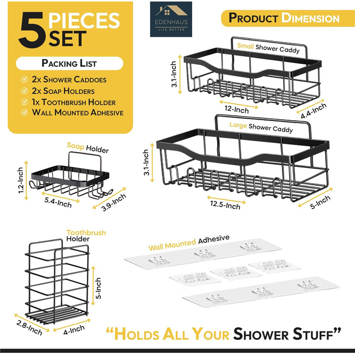 Душові піддони EDENHAUS 5 шт. , самоклеючі душові органайзери для зберігання у ванній кімнаті, настінні, аксесуари для душу в ванній кімнаті
