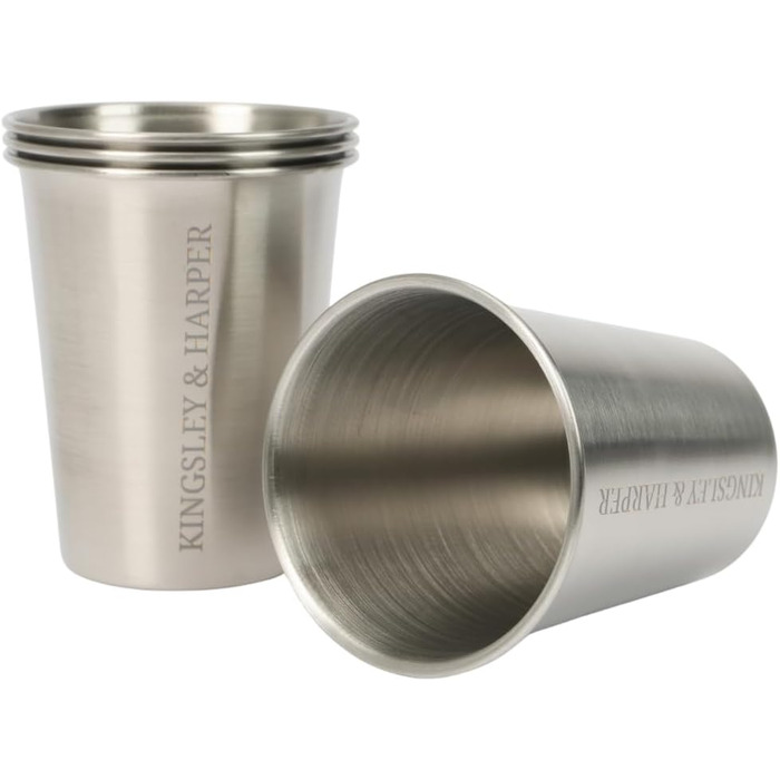 Стаканчики Kingsley & Harper з нержавіючої сталі, 335 мл (набір з 4 шт.) високоякісні, безпечні для харчових продуктів, стійкі до іржі, ударостійкі, багаторазові, екологічно чисті металеві стаканчики марки 304 для дітей, дорослих, кемпінгу, подорожей та.