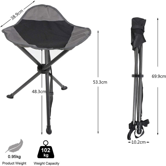 Складаний стілець EVER ADVANCED, складний стілець-тринога, надлегкий, кемпінговий стілець, висота 53,3 см, вантажопідйомність 102 кг з бічною кишенею, портативний складний рибальський стілець для кемпінгу, полювання, пішого туризму, риболовлі, чорно-сірий
