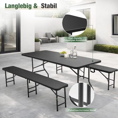 Складаний пластиковий набір для пивного саду Sekey Стіл 2 пивні лавки з ручками для перенесення Набір для пивного саду 180 см для приміщень/вулиці Набір пивних столів (чорний)