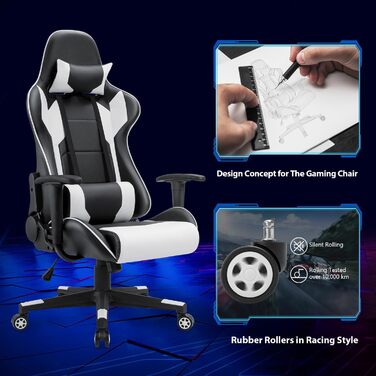 Ігрове крісло Homall, ергономічне офісне крісло, поворотне крісло з високою спинкою, крісло для ПК з регульованим кутом нахилу, підголівником та поперековою опорою (біле), дуже велике