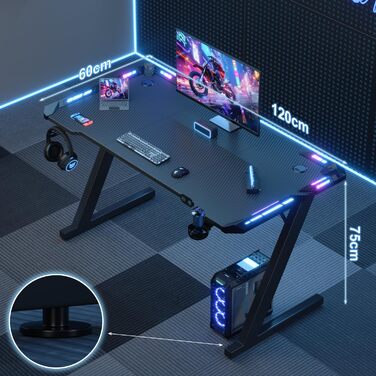Ігровий стіл Devoko 120 x 60 см, ігровий стіл зі світлодіодним підсвічуванням, поверхня з вуглецевого волокна, ергономічний ігровий стіл з тримачем для напоїв, гачок для навушників, міцний комп&39ютерний стіл