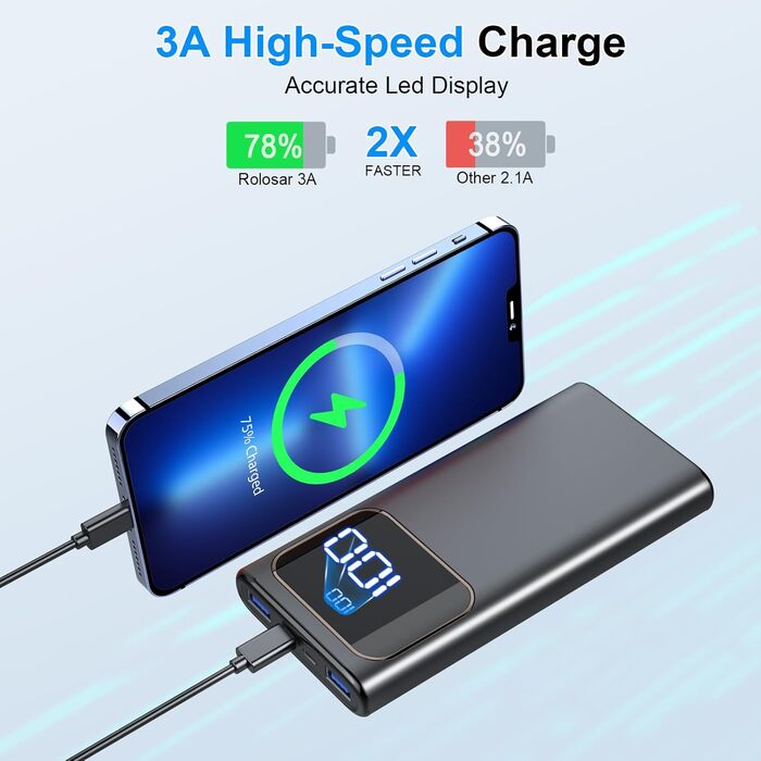 PowerBank Rolosar, швидка зарядка 10000mAh, з входом і виходом USB-C, світлодіодний дисплей, глянцевий чорний