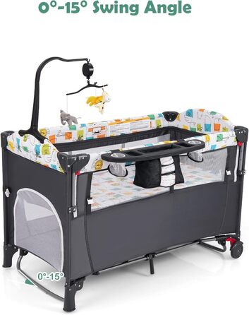 Дитяче ліжечко LIFEZEAL з матрацом, складне дитяче ліжечко з пеленальною дошкою та іграшками, дорожнє ліжечко з тканини Оксфорд, 2 рівні, регульована висота, вантажопідйомність 10/15/10 кг (сірий колір)