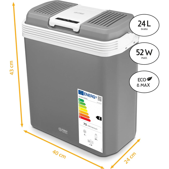 Електричний охолоджувач TZS First Austria 24 літри Підключення 12 вольт і 230 вольт з вилкою 12 В для автомобіля для кемпінгу, фестивалів і подорожей з функцією охолодження та збереження тепла сірий 24 л Сірий