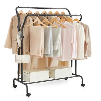 Вішалка для одягу на колесах, 2 шт. анги для одягу, Гардеробна штанга, Вішалка для одягу виготовлена з сталевих труб, Вантажопідйомність до 100 кг, Ширина 103,5 см, Багатофункціональне місце для зберігання, Чорний HSR107B01 Чорний 2 шт. анги