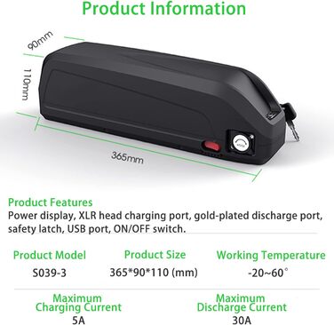 Акумулятор для електровелосипеда 48 В 17,5 Аг, сумісний з електровелосипедами потужністю 1000 Вт / 750 Вт / 500 Вт, літій-іонний акумулятор із зарядним пристроєм та USB-портом, 5 ядер