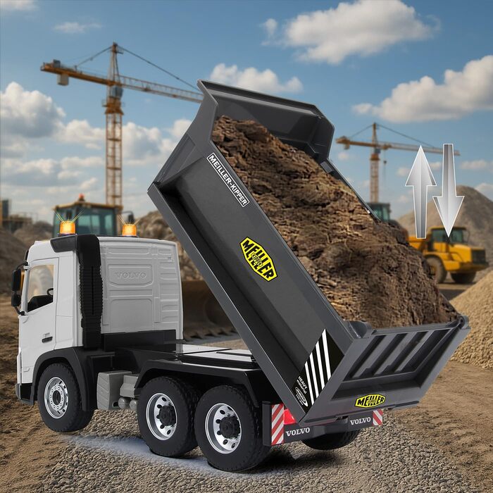 Позашляховий самоскид Volvo FMX Meiller 120 2,4GHz Офіційна ліцензія, звук попередження про рух заднім ходом, протектовані гумові шини, LED підсвічування, підйом/опускання кузова, будівельна техніка