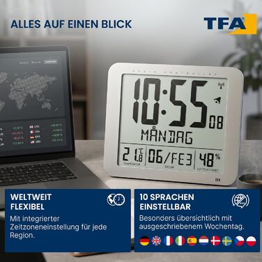 Цифровий радіокерований годинник TFA Dostmann 60.4516.54 з термогігрометром, відображенням дня тижня (10 мов), 2 функціями будильника, настільний/настінний, сріблястий, 248 x 25 (73) x 206 мм