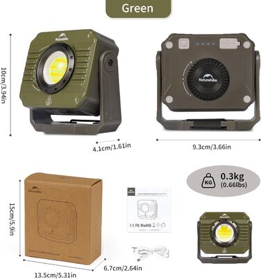 Ліхтар для кемпінгу Naturehike 1200 лм, акумуляторний світлодіодний робочий ліхтар, багатофункціональний, водонепроникний IPX4, 5 режимів світла, ідеально підходить для активного відпочинку на природі та кемпінгу, зелений